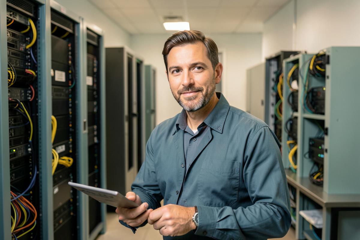 IT infrastructure professional working in a modern server room