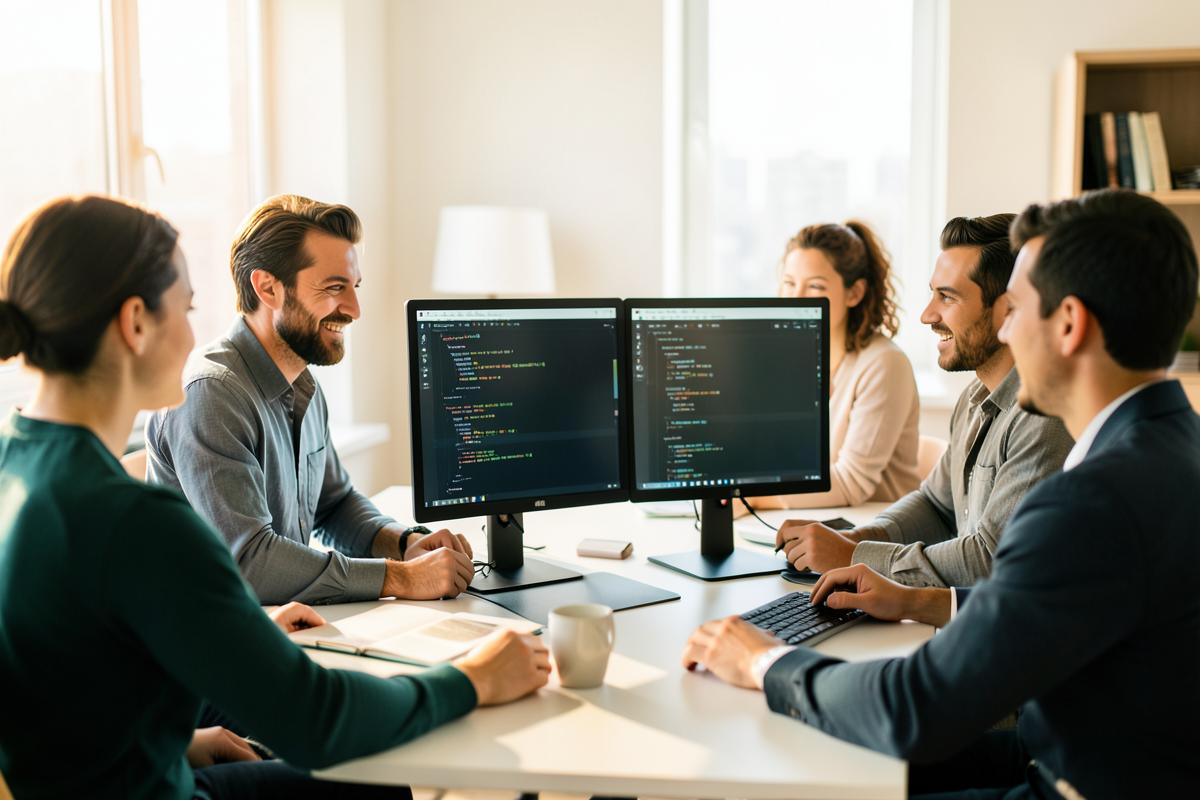 Software engineers collaborating around code displayed on two monitors
